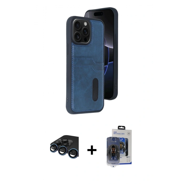 MARSİLYAN™- iPhone 15 Pro Max Kılıf Yörünge Işık Serisi - Siyah Vanessa Magic Cam + Lacivert Raze Metal Kamera Lens