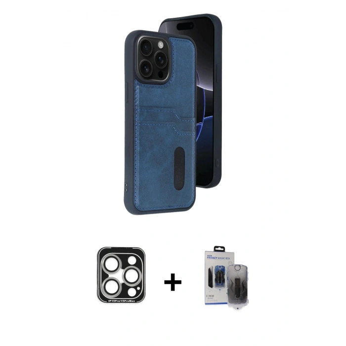 MARSİLYAN™- iPhone 15 Pro Max Kılıf Yörünge Işık Serisi - Siyah Vanessa Magic Hayalet Cam + PVD Metal Kamera Lens - GS