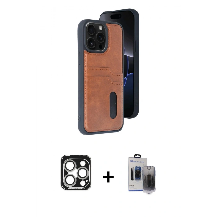 MARSİLYAN™- iPhone 15 Pro Max Kılıf Yörünge Işık Serisi - Siyah Vanessa Magic Hayalet Cam + PVD Metal Kamera Lens - GS