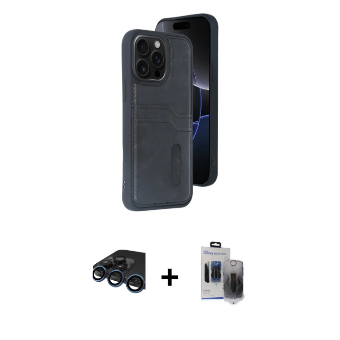 MARSİLYAN™- iPhone 15 Pro Max Kılıf Yörünge Işık Serisi - Siyah Vanessa Magic Hayalet Cam + Raze Metal Kamera Lens - LT
