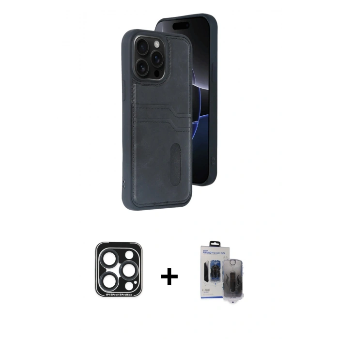 MARSİLYAN™- iPhone 15 Pro Max Kılıf Yörünge Işık Serisi - Siyah Vanessa Magic Hayalet Cam + PVD Metal Kamera Lens - LT