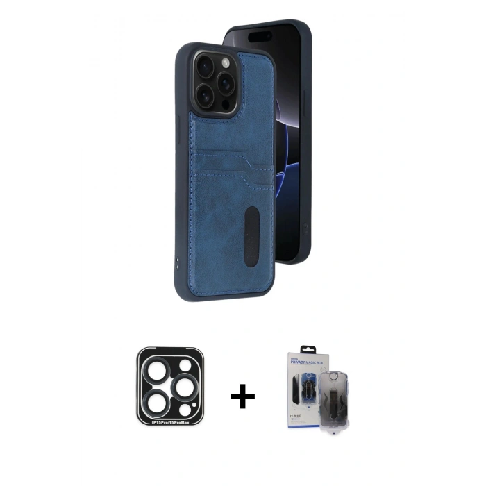 MARSİLYAN™- iPhone 15 Pro Max Kılıf Yörünge Işık Serisi - Siyah Vanessa Magic Hayalet Cam + PVD Metal Kamera Lens - LT