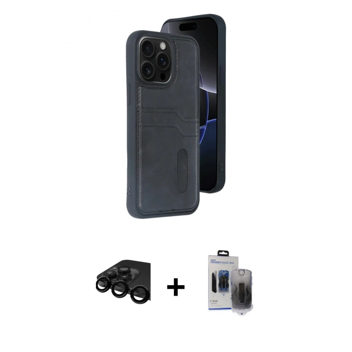MARSİLYAN™- iPhone 15 Pro Max Kılıf Yörünge Işık Serisi - Siyah Vanessa Magic Hayalet Cam + Raze Metal Kamera Lens - SH