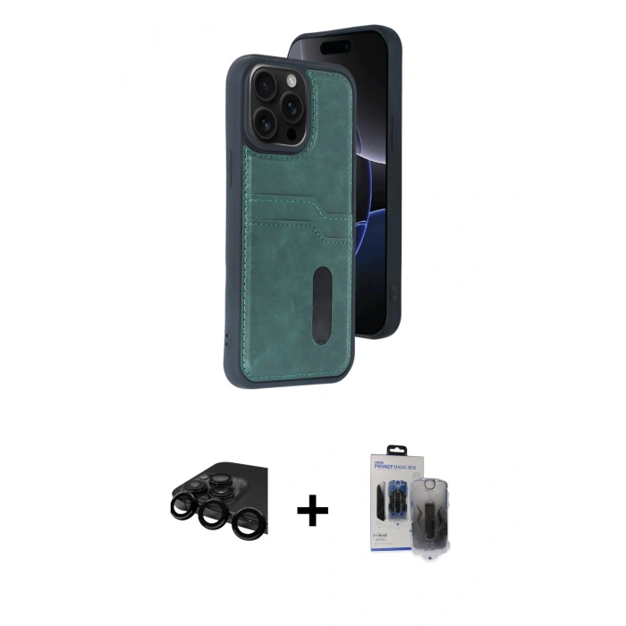 MARSİLYAN™- iPhone 15 Pro Max Kılıf Yörünge Işık Serisi - Siyah Vanessa Magic Hayalet Cam + Raze Metal Kamera Lens - SH