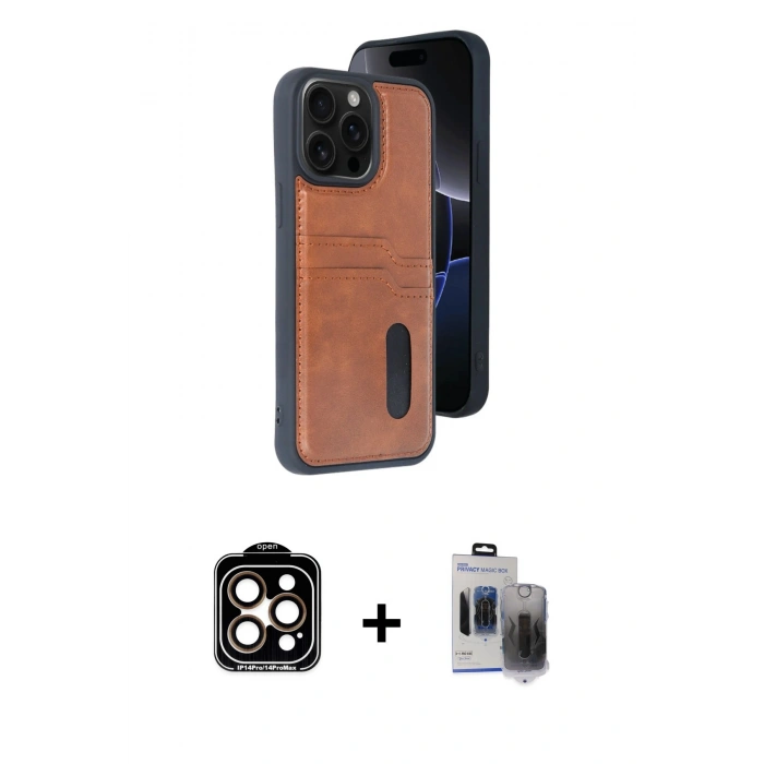 MARSİLYAN™- iPhone 15 Pro Max Kılıf Yörünge Işık Serisi - Siyah Vanessa Magic Hayalet Cam + Turuncu PVD Metal Kamera Lens