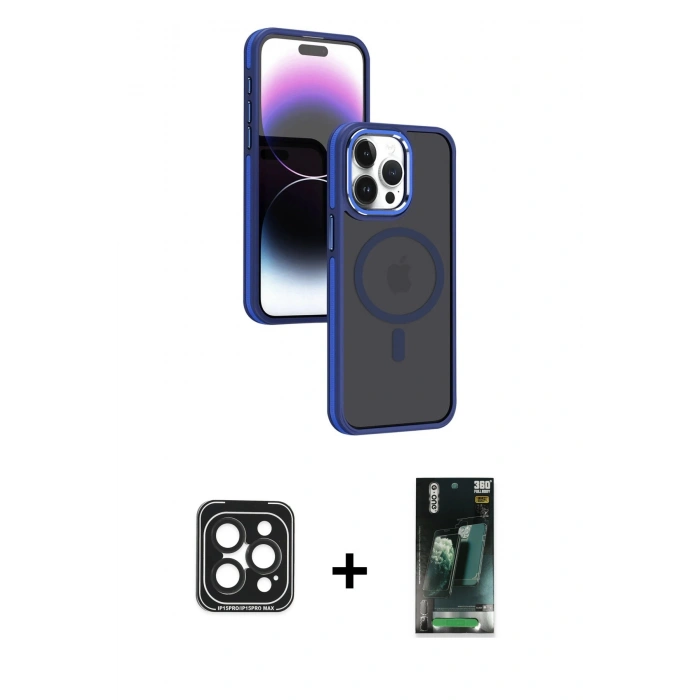 MARSİLYAN™- iPhone 15 Pro Max Kılıf Yörünge Klasik - Şeffaf 360 Full Body Arka Koruyucu + PVD Metal Kamera Lens - SH