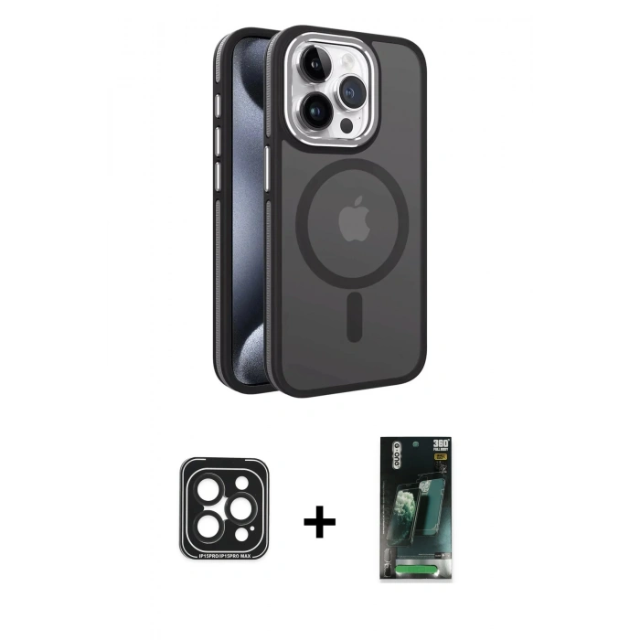 MARSİLYAN™- iPhone 15 Pro Max Kılıf Yörünge Klasik - Şeffaf 360 Full Body Arka Koruyucu + PVD Metal Kamera Lens - SH