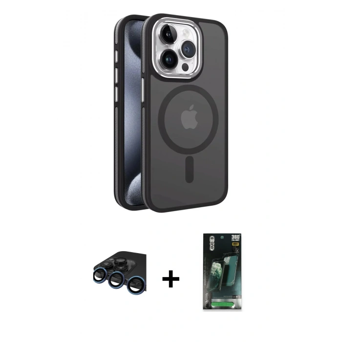 MARSİLYAN™- iPhone 15 Pro Max Kılıf Yörünge Klasik - Şeffaf 360 Full Body Arka Koruyucu + Raze Metal Kamera Lens - LT
