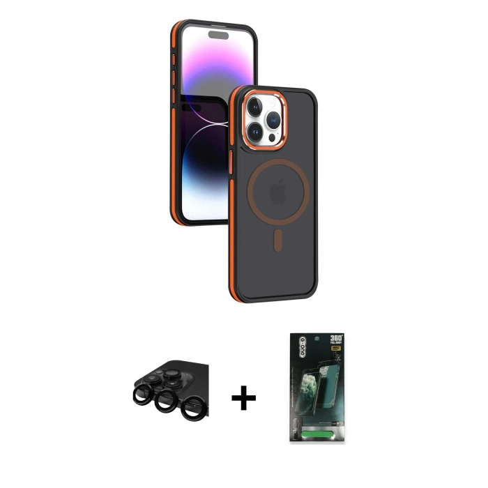 MARSİLYAN™- iPhone 15 Pro Max Kılıf Yörünge Klasik - Şeffaf 360 Full Body Arka Koruyucu + Raze Metal Kamera Lens - SH