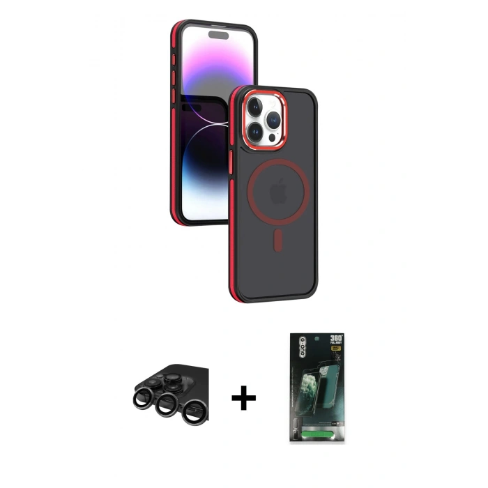 MARSİLYAN™- iPhone 15 Pro Max Kılıf Yörünge Klasik - Şeffaf 360 Full Body Arka Koruyucu + Raze Metal Kamera Lens - TMGI