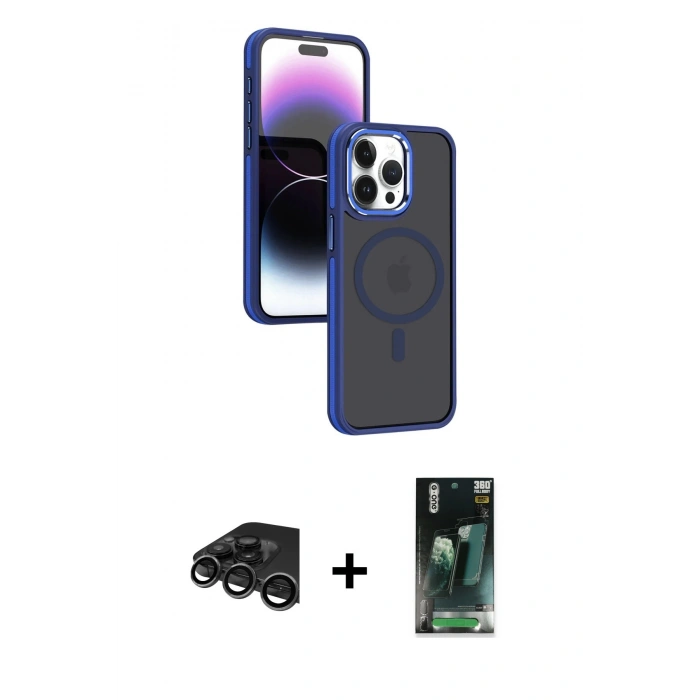 MARSİLYAN™- iPhone 15 Pro Max Kılıf Yörünge Klasik - Şeffaf 360 Full Body Arka Koruyucu + Raze Metal Kamera Lens - TMGI