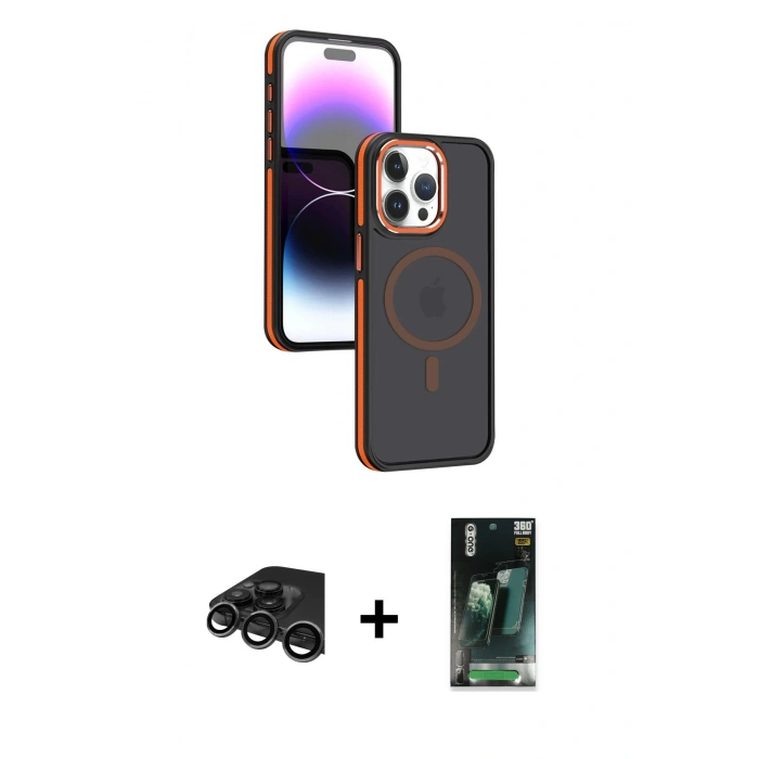 MARSİLYAN™- iPhone 15 Pro Max Kılıf Yörünge Klasik - Şeffaf 360 Full Body Arka Koruyucu + Raze Metal Kamera Lens - TMGI