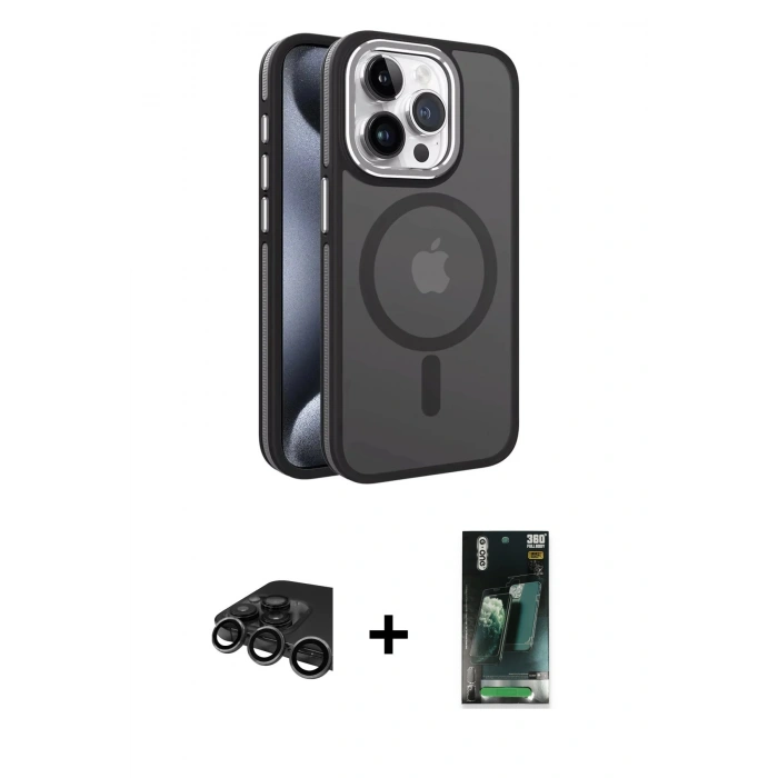 MARSİLYAN™- iPhone 15 Pro Max Kılıf Yörünge Klasik - Şeffaf 360 Full Body Arka Koruyucu + Raze Metal Kamera Lens - TMGI