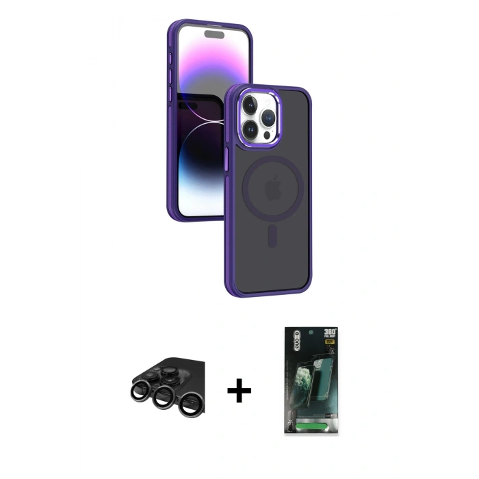 MARSİLYAN™- iPhone 15 Pro Max Kılıf Yörünge Klasik - Şeffaf 360 Full Body Arka Koruyucu + Raze Metal Kamera Lens - TMGI