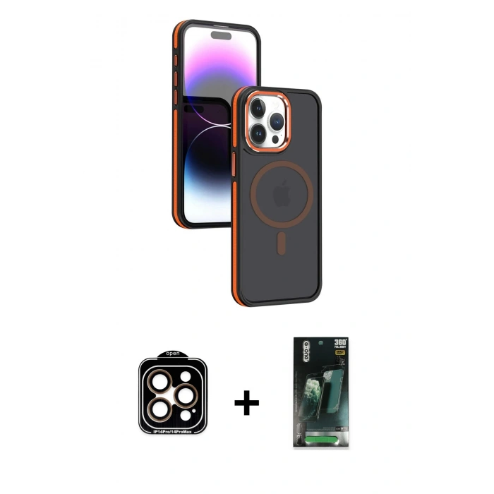 MARSİLYAN™- iPhone 15 Pro Max Kılıf Yörünge Klasik - Şeffaf 360 Full Body Arka Koruyucu + PVD Metal Kamera Lens - TU
