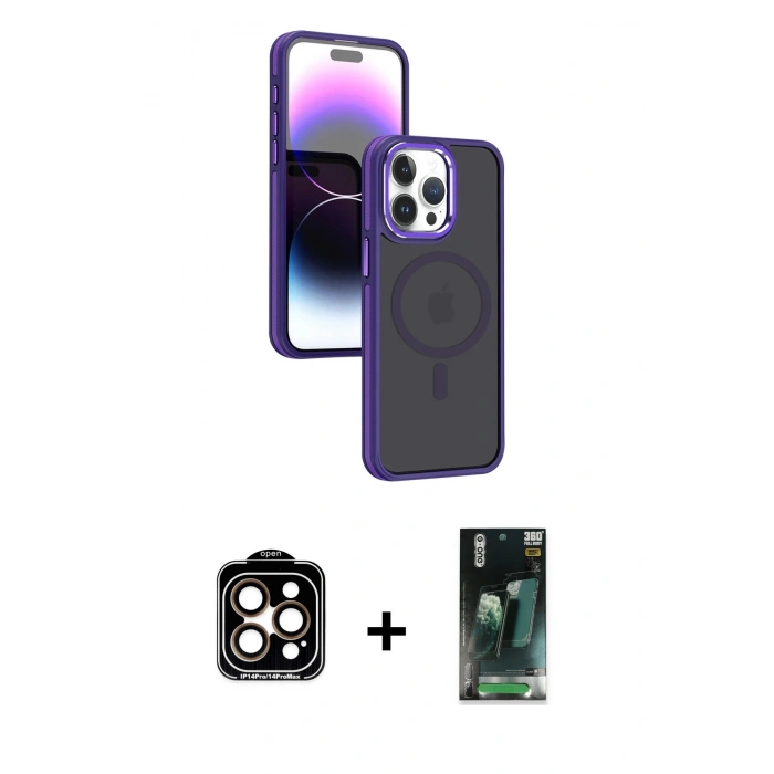 MARSİLYAN™- iPhone 15 Pro Max Kılıf Yörünge Klasik - Şeffaf 360 Full Body Arka Koruyucu + PVD Metal Kamera Lens - TU