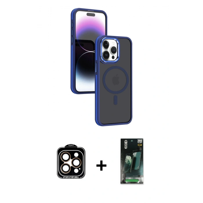 MARSİLYAN™- iPhone 15 Pro Max Kılıf Yörünge Klasik - Şeffaf 360 Full Body Arka Koruyucu + PVD Metal Kamera Lens - TU