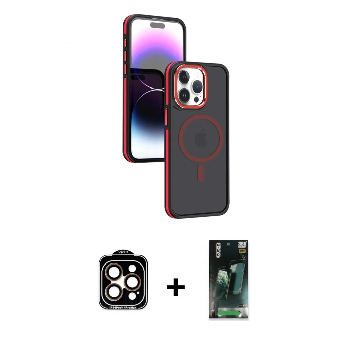 MARSİLYAN™- iPhone 15 Pro Max Kılıf Yörünge Klasik - Şeffaf 360 Full Body Arka Koruyucu + PVD Metal Kamera Lens - TU