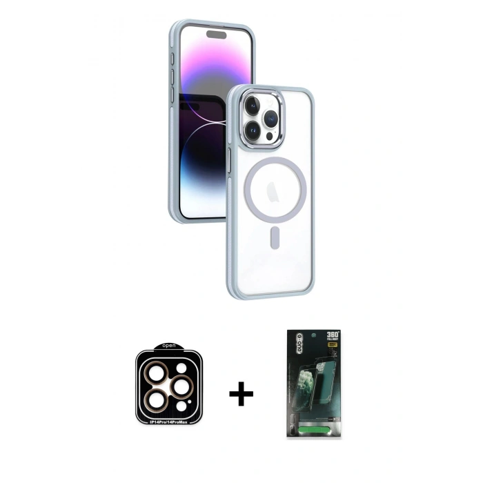 MARSİLYAN™- iPhone 15 Pro Max Kılıf Yörünge Klasik - Şeffaf 360 Full Body Arka Koruyucu + PVD Metal Kamera Lens - TU