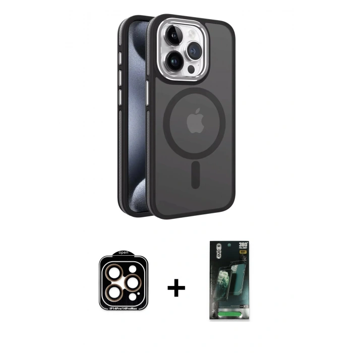 MARSİLYAN™- iPhone 15 Pro Max Kılıf Yörünge Klasik - Şeffaf 360 Full Body Arka Koruyucu + PVD Metal Kamera Lens - TU