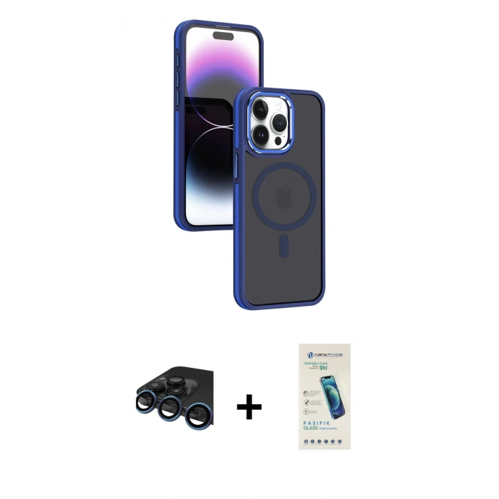 MARSİLYAN™- iPhone 15 Pro Max Kılıf Yörünge Klasik - Şeffaf Pasifik Cam Ekran Koruyucu + Raze Metal Kamera Lens - LT