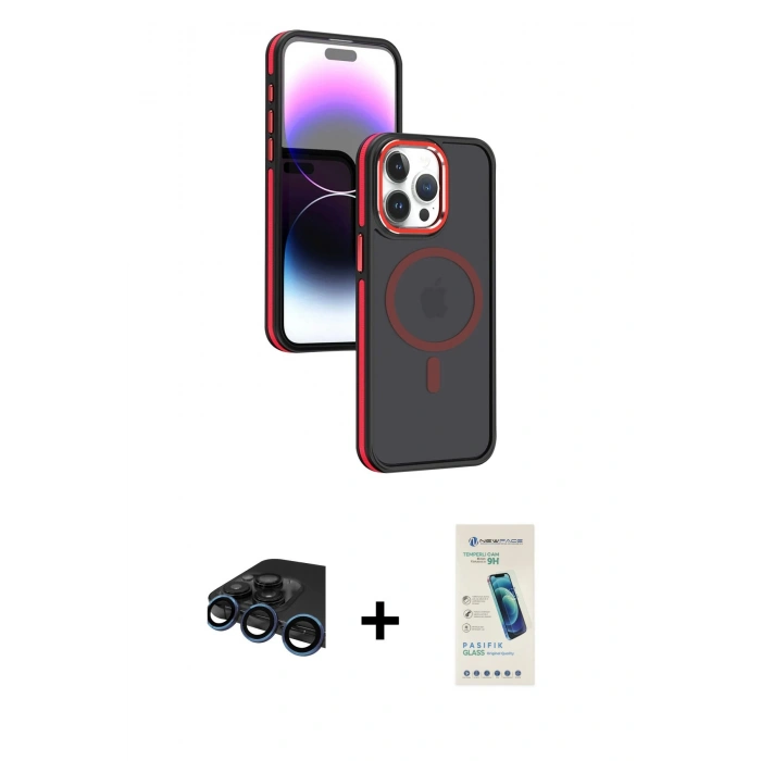 MARSİLYAN™- iPhone 15 Pro Max Kılıf Yörünge Klasik - Şeffaf Pasifik Cam Ekran Koruyucu + Raze Metal Kamera Lens - LT