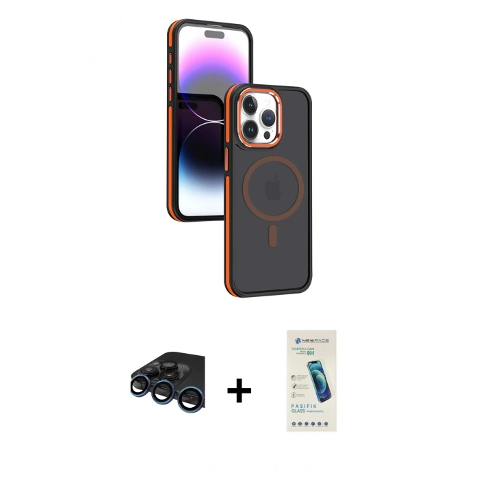 MARSİLYAN™- iPhone 15 Pro Max Kılıf Yörünge Klasik - Şeffaf Pasifik Cam Ekran Koruyucu + Raze Metal Kamera Lens - LT