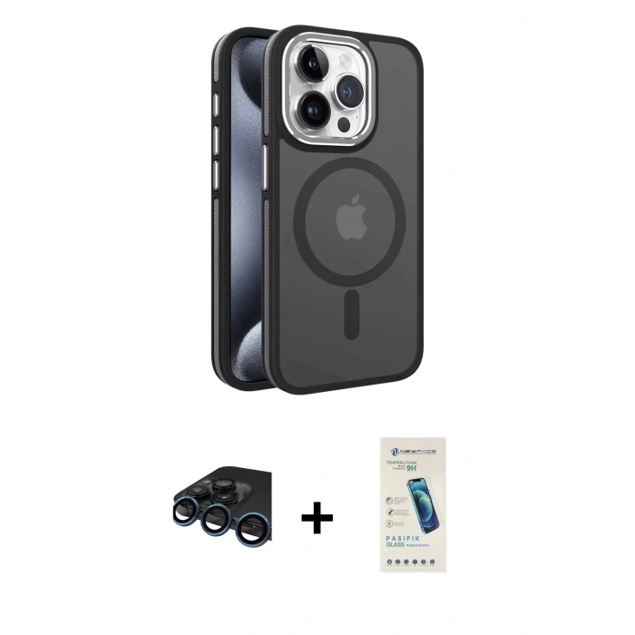 MARSİLYAN™- iPhone 15 Pro Max Kılıf Yörünge Klasik - Şeffaf Pasifik Cam Ekran Koruyucu + Raze Metal Kamera Lens - LT