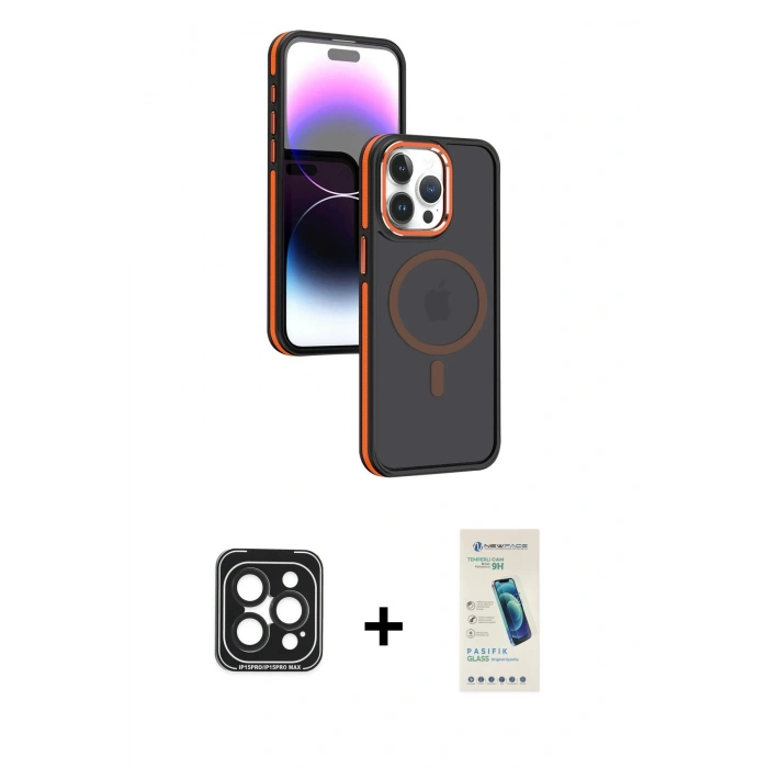 MARSİLYAN™- iPhone 15 Pro Max Kılıf Yörünge Klasik - Şeffaf Pasifik Cam Ekran Koruyucu + PVD Metal Kamera Lens - SH