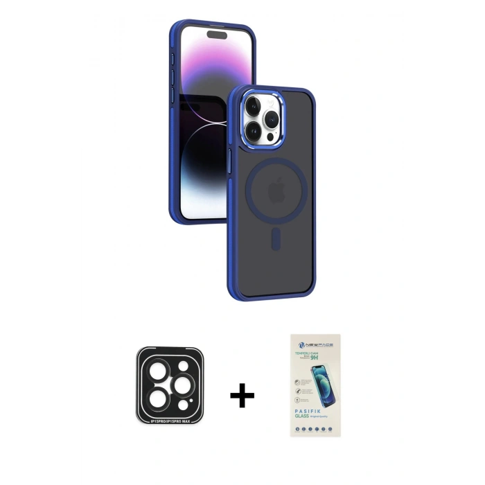 MARSİLYAN™- iPhone 15 Pro Max Kılıf Yörünge Klasik - Şeffaf Pasifik Cam Ekran Koruyucu + PVD Metal Kamera Lens - SH