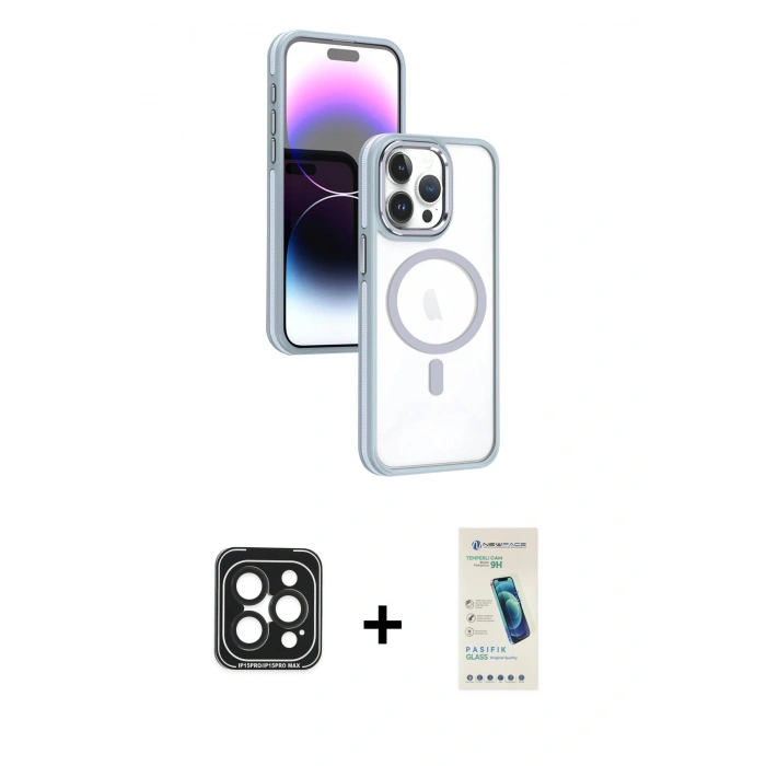 MARSİLYAN™- iPhone 15 Pro Max Kılıf Yörünge Klasik - Şeffaf Pasifik Cam Ekran Koruyucu + PVD Metal Kamera Lens - SH