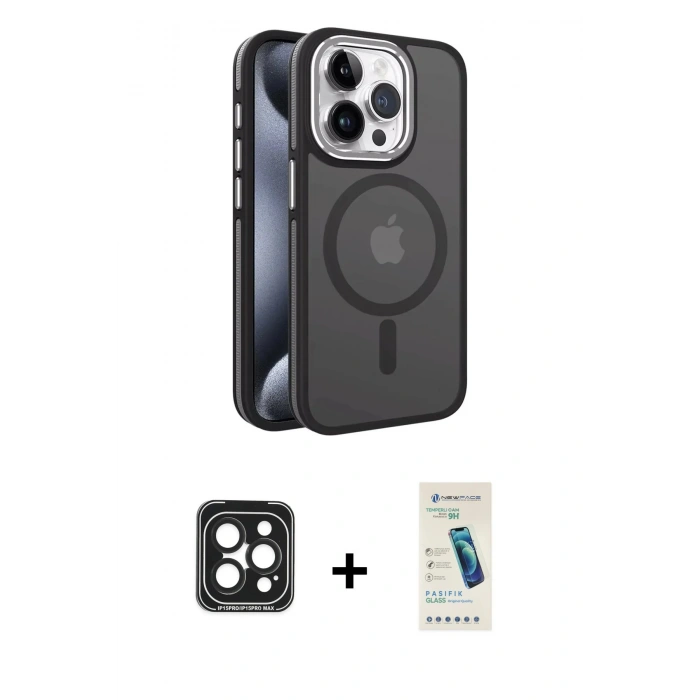 MARSİLYAN™- iPhone 15 Pro Max Kılıf Yörünge Klasik - Şeffaf Pasifik Cam Ekran Koruyucu + PVD Metal Kamera Lens - SH