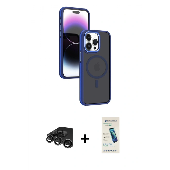 MARSİLYAN™- iPhone 15 Pro Max Kılıf Yörünge Klasik - Şeffaf Pasifik Cam Ekran Koruyucu + Raze Metal Kamera Lens - TMGI