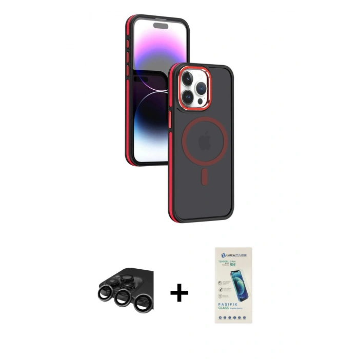 MARSİLYAN™- iPhone 15 Pro Max Kılıf Yörünge Klasik - Şeffaf Pasifik Cam Ekran Koruyucu + Raze Metal Kamera Lens - TMGI