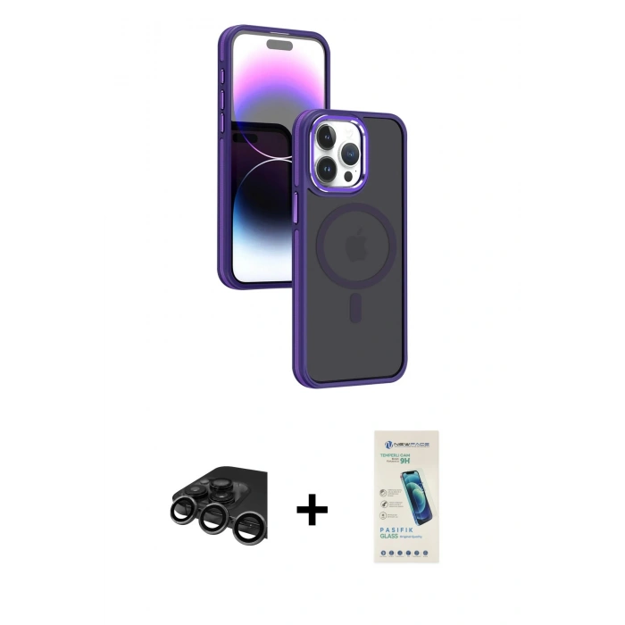 MARSİLYAN™- iPhone 15 Pro Max Kılıf Yörünge Klasik - Şeffaf Pasifik Cam Ekran Koruyucu + Raze Metal Kamera Lens - TMGI