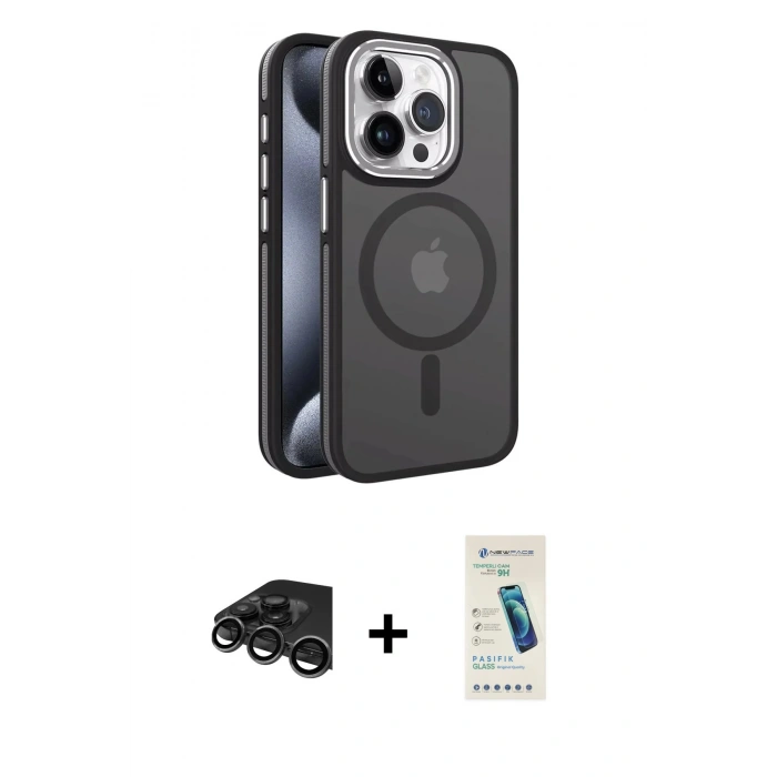 MARSİLYAN™- iPhone 15 Pro Max Kılıf Yörünge Klasik - Şeffaf Pasifik Cam Ekran Koruyucu + Raze Metal Kamera Lens - TMGI