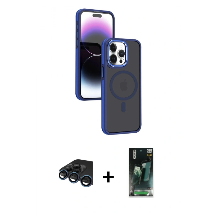MARSİLYAN™- iPhone 15 Pro Max Kılıf Yörünge Klasik - Siyah 360 Mat Full Body Arka Koruyucu + Raze Metal Kamera Lens - LT