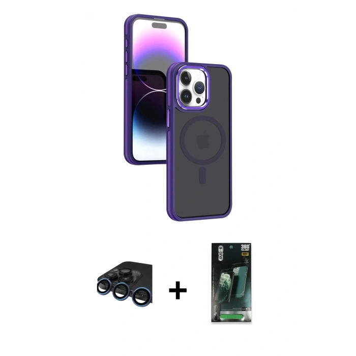 MARSİLYAN™- iPhone 15 Pro Max Kılıf Yörünge Klasik - Siyah 360 Mat Full Body Arka Koruyucu + Raze Metal Kamera Lens - LT