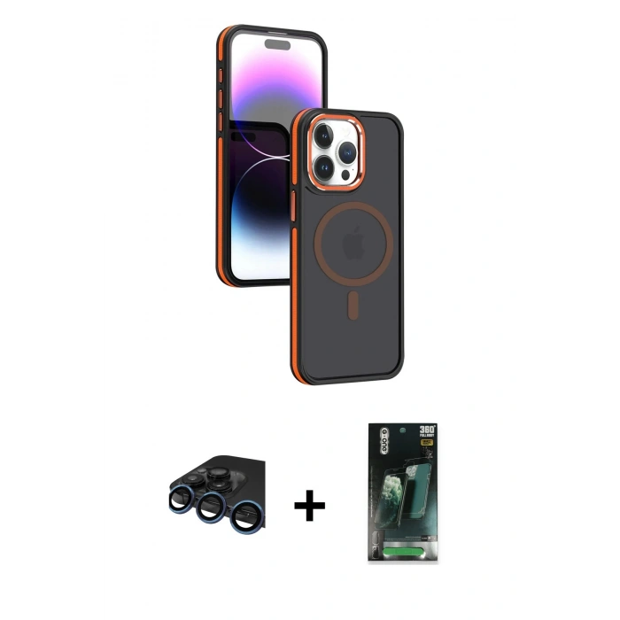 MARSİLYAN™- iPhone 15 Pro Max Kılıf Yörünge Klasik - Siyah 360 Mat Full Body Arka Koruyucu + Raze Metal Kamera Lens - LT