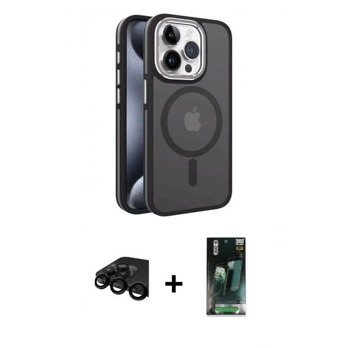 MARSİLYAN™- iPhone 15 Pro Max Kılıf Yörünge Klasik - Siyah 360 Mat Full Body Arka Koruyucu + Raze Metal Kamera Lens - SH