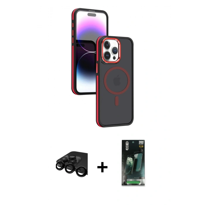 MARSİLYAN™- iPhone 15 Pro Max Kılıf Yörünge Klasik - Siyah 360 Mat Full Body Arka Koruyucu + Raze Metal Kamera Lens - SH