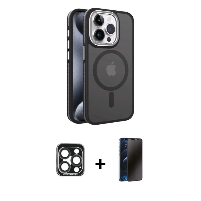 MARSİLYAN™- iPhone 15 Pro Max Kılıf Yörünge Klasik - Siyah 3D Antistatik Hayalet Cam Ekran Koruyucu + PVD Metal Kamera Lens - LT