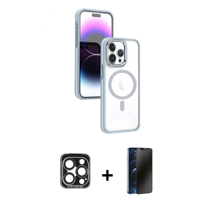 MARSİLYAN™- iPhone 15 Pro Max Kılıf Yörünge Klasik - Siyah 3D Antistatik Hayalet Cam Ekran Koruyucu + PVD Metal Kamera Lens - LT