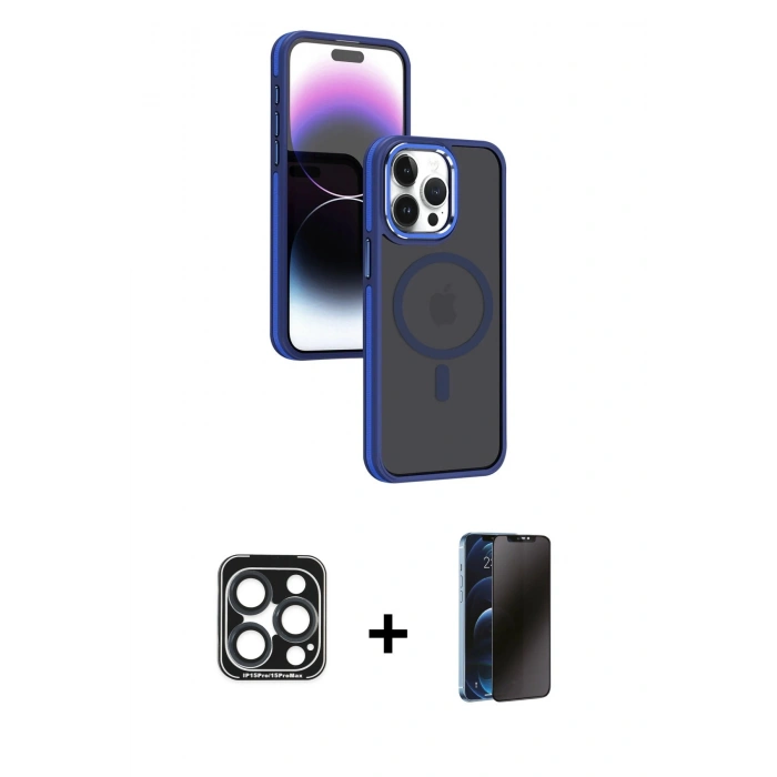 MARSİLYAN™- iPhone 15 Pro Max Kılıf Yörünge Klasik - Siyah 3D Antistatik Hayalet Cam Ekran Koruyucu + PVD Metal Kamera Lens - LT