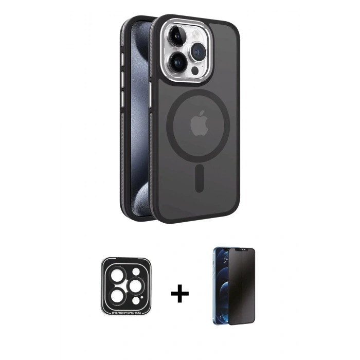 MARSİLYAN™- iPhone 15 Pro Max Kılıf Yörünge Klasik - Siyah 3D Antistatik Hayalet Cam Ekran Koruyucu + PVD Metal Kamera Lens - SH