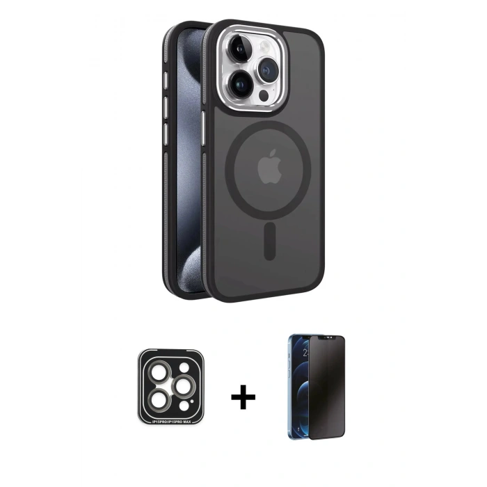 MARSİLYAN™- iPhone 15 Pro Max Kılıf Yörünge Klasik - Siyah 3D Antistatik Hayalet Cam Ekran Koruyucu + PVD Metal Kamera Lens - GI