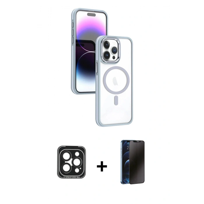 MARSİLYAN™- iPhone 15 Pro Max Kılıf Yörünge Klasik - Siyah 3D Antistatik Hayalet Cam Ekran Koruyucu + PVD Metal Kamera Lens - SH