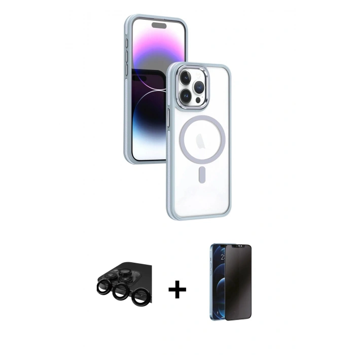 MARSİLYAN™- iPhone 15 Pro Max Kılıf Yörünge Klasik - Siyah 3D Antistatik Hayalet Cam Ekran Koruyucu + Raze Metal Kamera Lens - SH