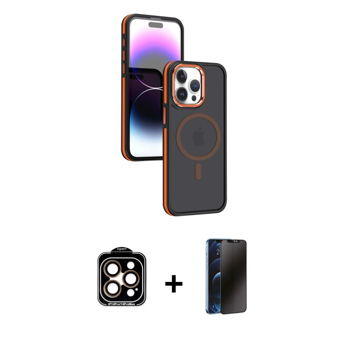 MARSİLYAN™- iPhone 15 Pro Max Kılıf Yörünge Klasik - Siyah 3D Antistatik Hayalet Cam Ekran Koruyucu + PVD Metal Kamera Lens - TU