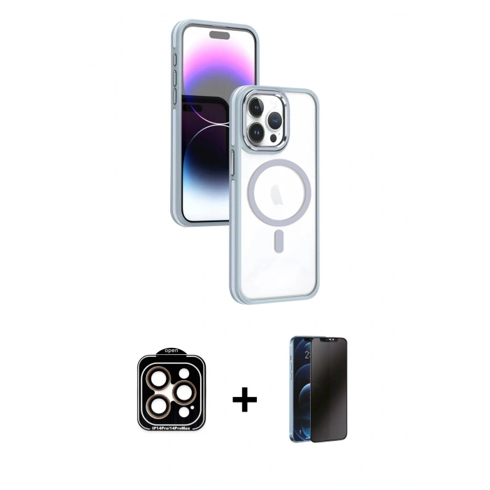MARSİLYAN™- iPhone 15 Pro Max Kılıf Yörünge Klasik - Siyah 3D Antistatik Hayalet Cam Ekran Koruyucu + PVD Metal Kamera Lens - TU